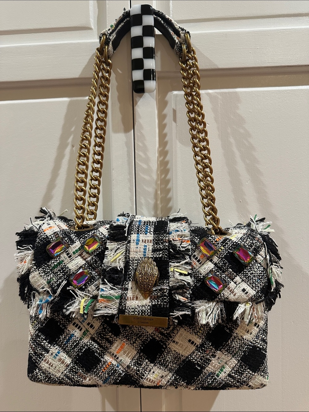 Kurt Geiger London Kensington Tweed Fringe Chain Shoulder Bag